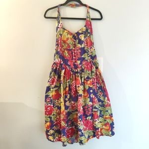 Vintage Floral Fruit-Print Halter Dress L